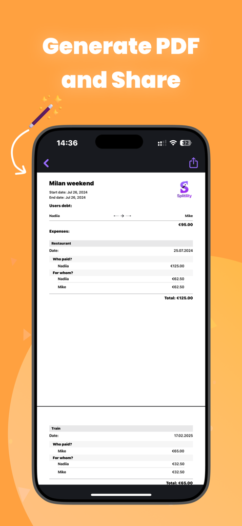 Cost Split Payments: Settle Up - Pantalla de un teléfono inteligente que muestra la función para generar y compartir un resumen en PDF de los gastos grupales de un viaje.