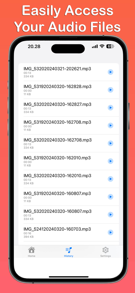Video to MP3 Converter ~Audio - Video to MP3 Converterアプリの履歴タブのスクリーンショット。期間とサイズが表示された変換済みオーディオファイルのリストを示しています。