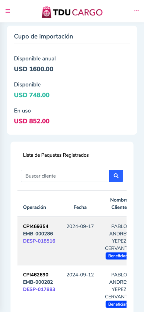 TDU Cargo - TDU Cargo app interface displaying import quota and registered package list