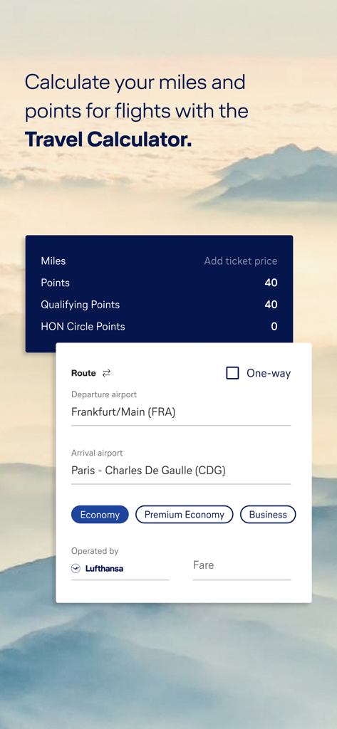 Miles & More - Interfaz de la calculadora de viajes de la aplicación móvil Miles and More para puntos de vuelo y millas