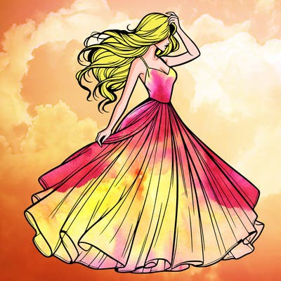 realistic woman with dress flowing in the wind