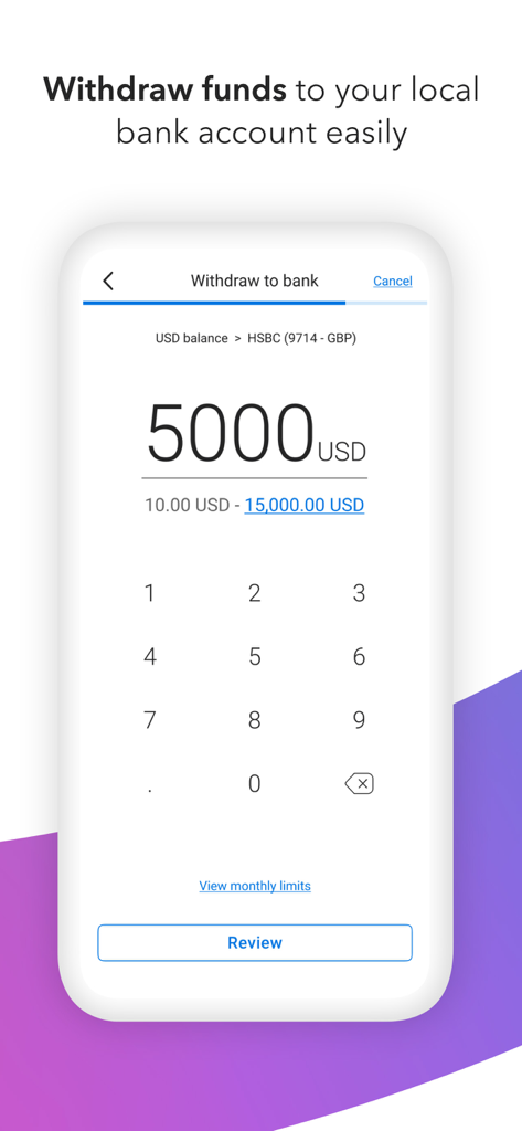 Tela do aplicativo Payoneer mostrando o processo de saque de 5000 USD para uma conta bancária local com uma interface simples de teclado.