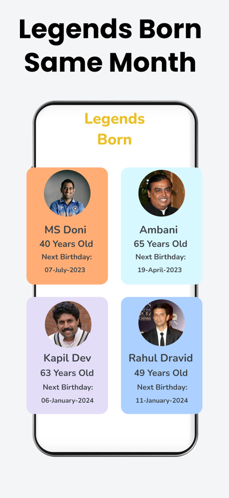 Age Calculator - Date of Birth - A screen from the Age Calculator app showing a list of famous people born in the same month with their ages and upcoming birthdays