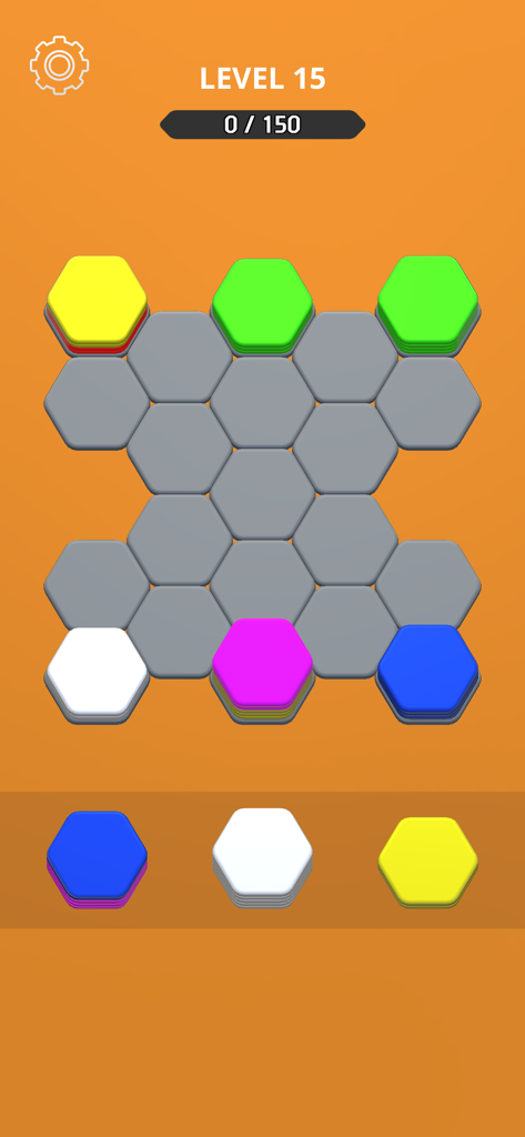 Hexa Sort Puzzle - A screenshot of Hexa Sort Puzzle gameplay featuring colorful hexagonal stacks on an orange background