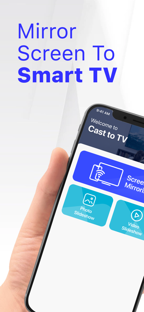 Cast to TV: Wireless display - Un iPhone mostrando la interfaz de la aplicación Cast to TV con opciones para duplicación de pantalla y presentaciones de diapositivas de fotos