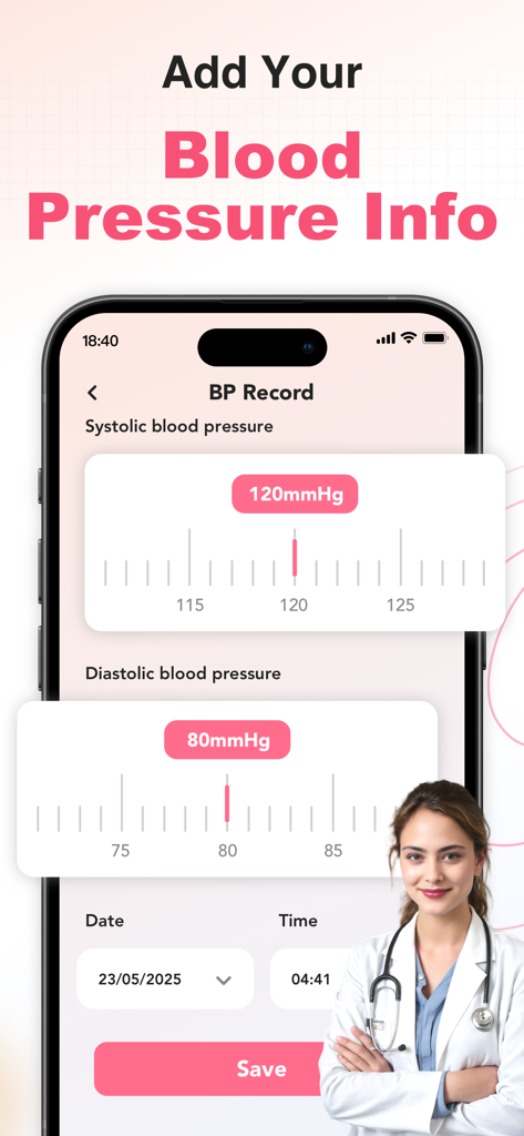 AuraFlow AI - Smart BP Tracker - Pantalla de la aplicación AuraFlow AI para agregar manualmente lecturas de presión arterial sistólica y diastólica con selección de fecha y hora