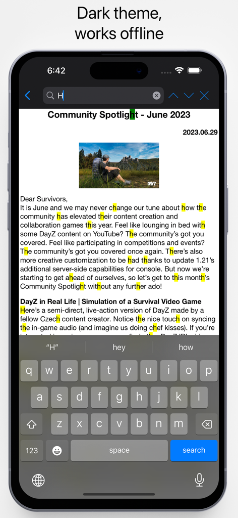 Pocket Wiki for DayZ - Pocket Wiki for DayZ app interface showing search functionality with highlighted text and dark theme