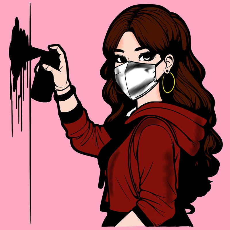 realistic girl with mask spray painting a wall