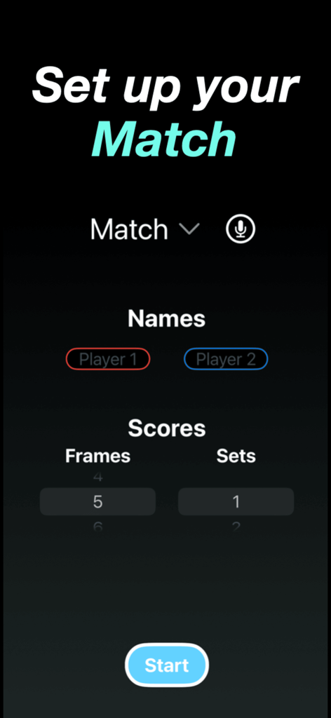 Shot Clock Pool /Snooker Timer - Pantalla de configuración de partida para Shot Clock Billar y Snooker que muestra los nombres de los jugadores y la configuración de puntuación