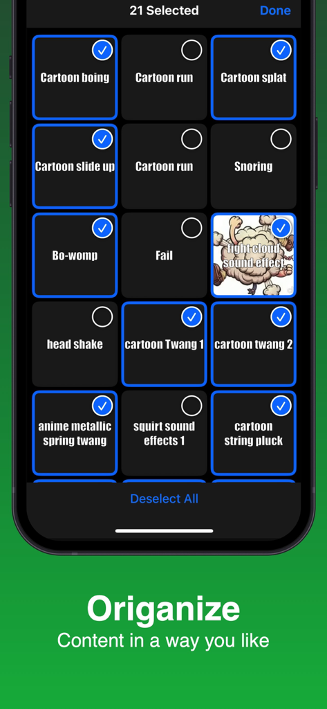 Soundboard Online - Memes - Interfaz de la aplicación Soundboard Online mostrando múltiples efectos de sonido de memes seleccionados para su organización.