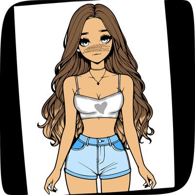 a realistic girl with long hair and in a crop top and shprts