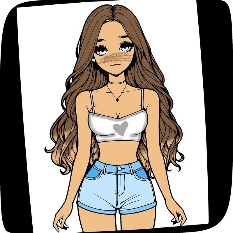 a realistic girl with long hair and in a crop top and shprts