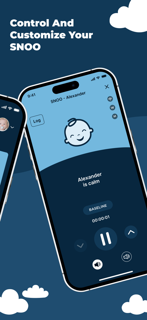 A smartphone showing the Happiest Baby app interface used to control and customize the SNOO smart sleeper settings