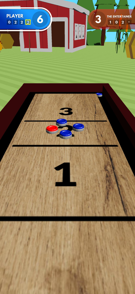 Shuffleboard Challenge - Jugabilidad móvil de Shuffleboard Challenge mostrando discos rojos y azules en una mesa de puntuación de madera con un fondo de granero rojo