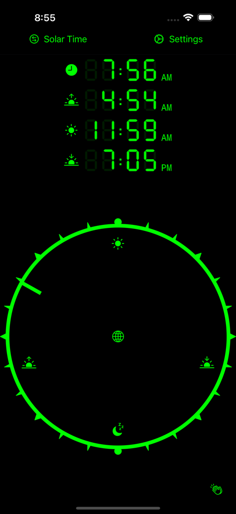 デジタルサンダイアルアプリのインターフェース、太陽時と天文イベントがネオングリーンで表示されている