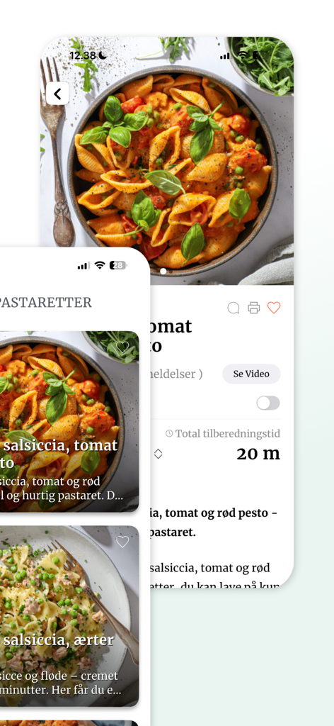 Interface da aplicação móvel Gourministeriet com uma receita de massa com salsicha e tomate com 20 minutos de tempo de cozedura