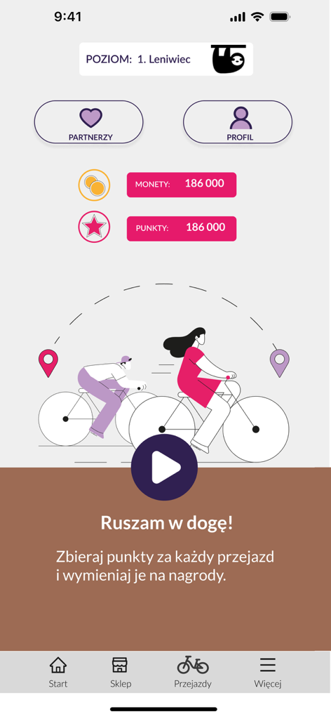 W kółko kręcę - Pantalla de inicio de la aplicación de ciclismo W kolko krece que muestra puntos y el nivel de perezoso