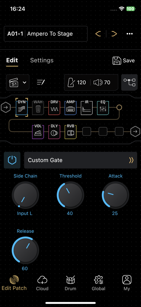 Oberfläche der Ampero II Stage App mit einer Gitarreneffekt-Signalkette und Reglern für einen benutzerdefinierten Noise Gate