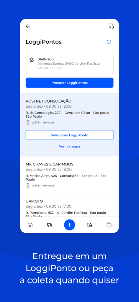 Loggi: envio local e nacional - Mobile app interface showing a list of Loggi service points for package drop-off or collection in Brazil