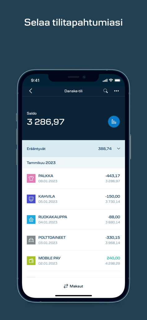 Danske Bank mobile app transaction history screen showing account balance and categorized spending