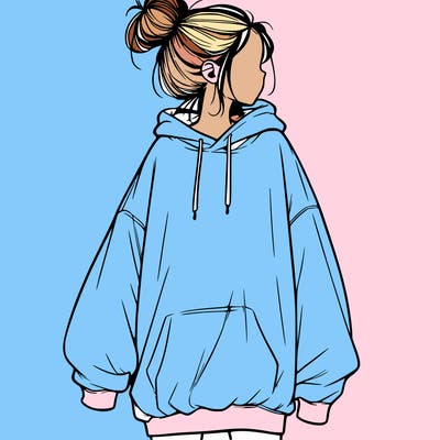 realistic girl with a oversized sweatshirt on and a bun