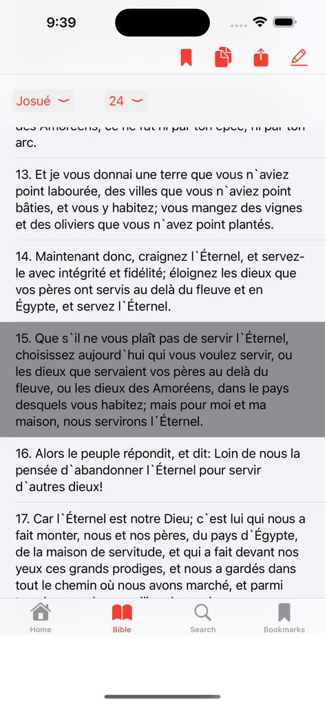 Ostervald Bible - Reading screen of the Ostervald Bible app showing French scripture and navigation tools.