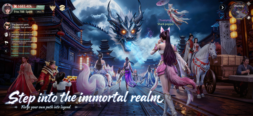 Characters in a mystical Xianxia city with a giant dragon in the sky from Eternal Sword Pact