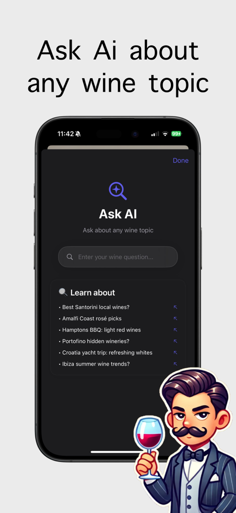 Wine Identifier: AI Scanner - Interfaz de la aplicación Wine Identifier que muestra el asistente de IA para preguntas y sugerencias de vinos.
