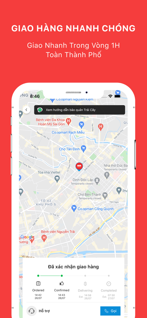 Cooky - Cho Bữa Ăn Tiện Lợi - Cooky mobile app interface showing a real-time delivery tracking map and order status timeline