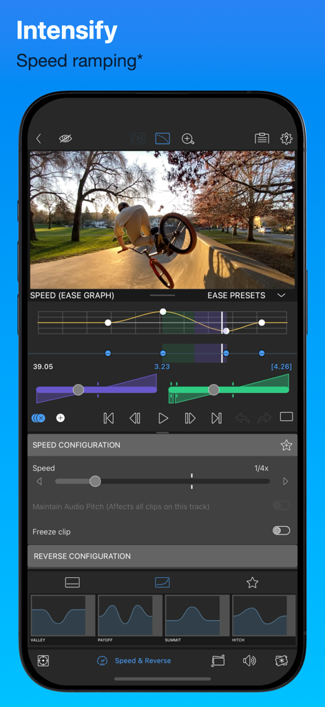 LumaFusion - LumaFusion app showing advanced speed ramping controls and speed ease graph on a mobile device