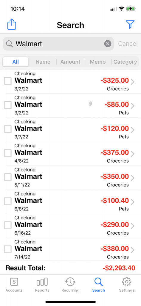Accounts 3 Lite - Checkbook - Search interface in Accounts 3 Lite app displaying Walmart transaction history and total expenses