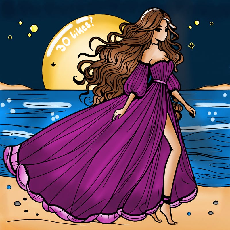 beautiful woman with a vaporous long dress walking on the beach at the noon, detailed art