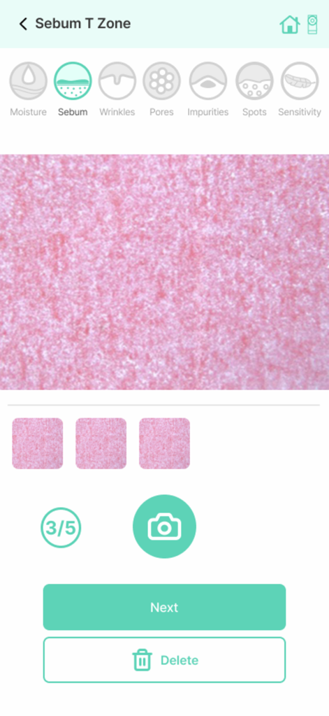 DermoPico Skin - DermoPico Skin app interface displaying microscopic skin analysis for Sebum in the T Zone