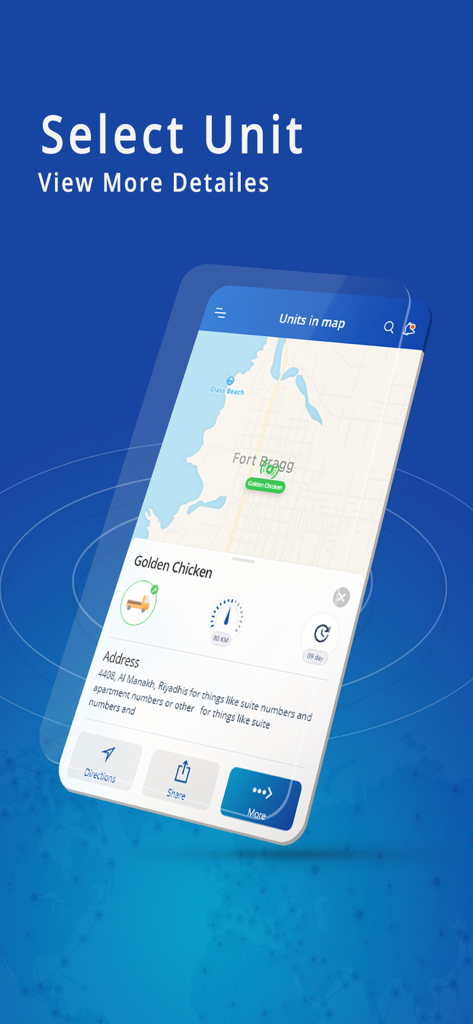 AFAQY AVL - AFAQY AVL app interface showing a vehicle's real-time location on a map with address and speed details.