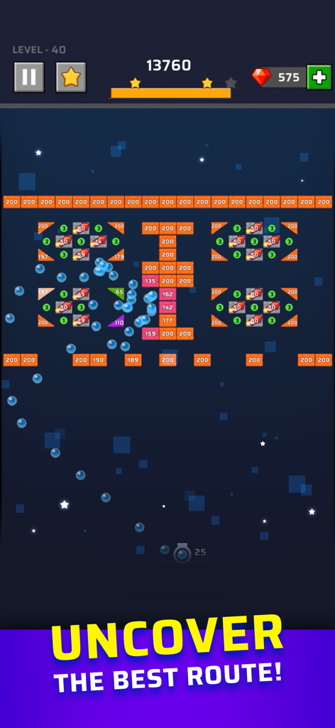 Gameplay von Brick Out, das blaue Bälle zeigt, die nummerierte Ziegel mit dem Text 'Uncover the best route' zerbrechen