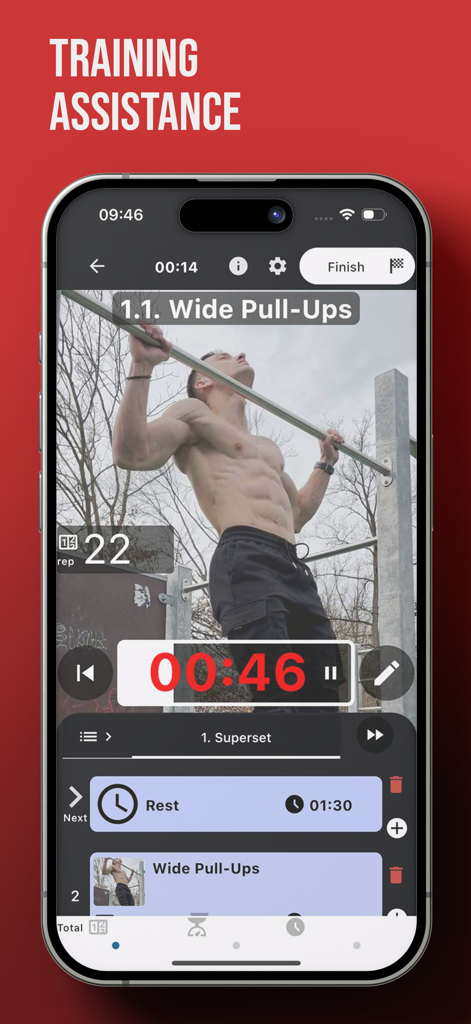 True Trainer - True Trainer app training assistance screen showing wide pull-ups and workout tracking