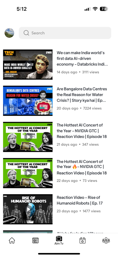 Analytics India Magazine - Aplicativo Analytics India Magazine mostrando uma lista de relatórios de vídeo sobre IA e tecnologia.