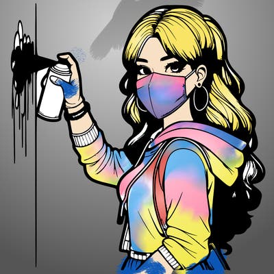 realistic girl with mask spray painting a wall