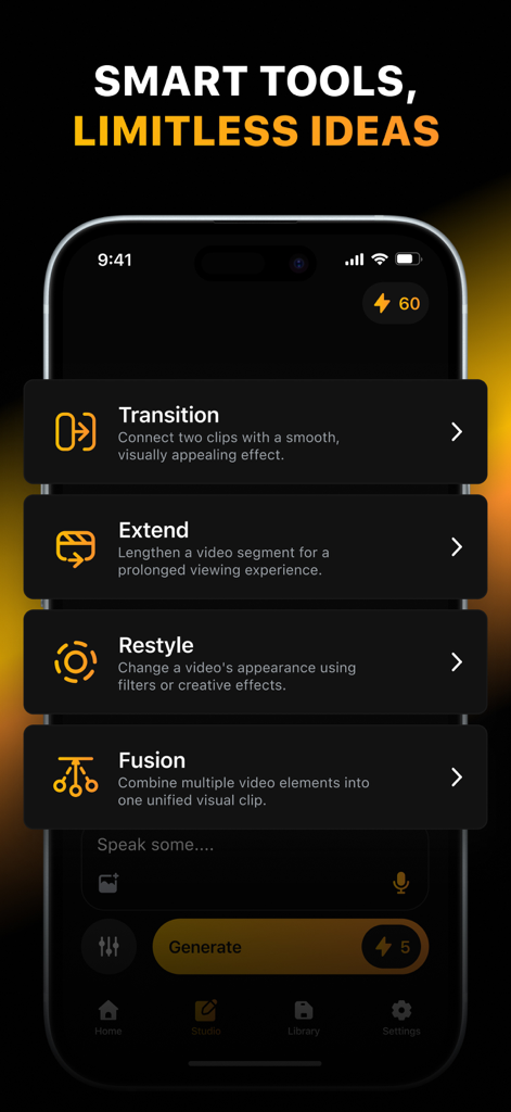 Aragon AI: Video Generator - Aragon AI app interface showing smart video editing tools including Transition, Extend, Restyle, and Fusion