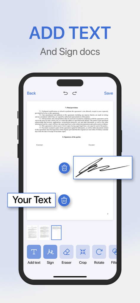 ドキュメントにテキストやデジタル署名を追加するオプションが表示されたPDFエディターアプリのスマートフォンの画面