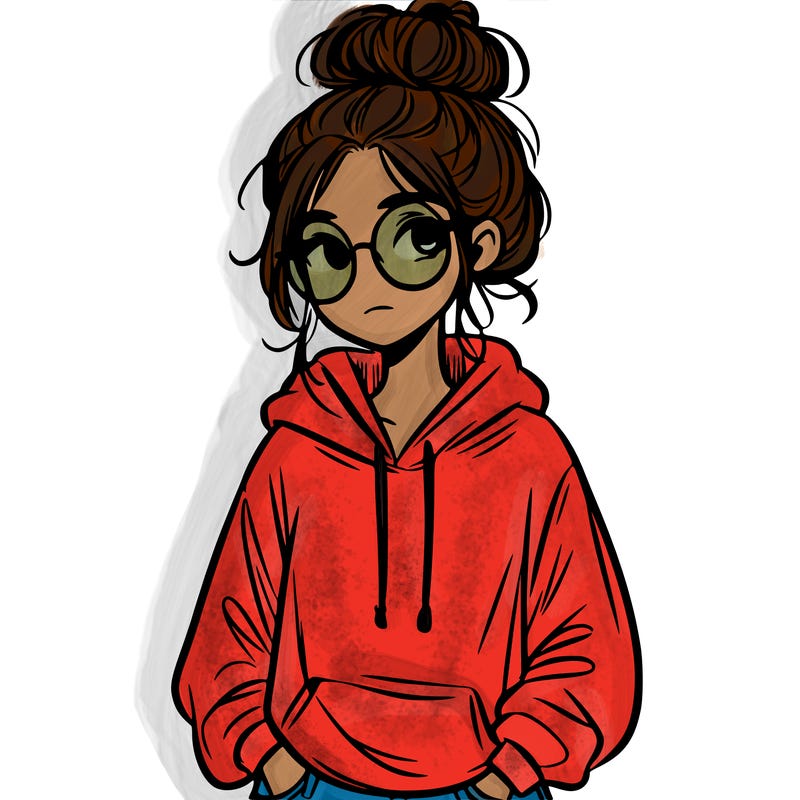 teen girl with a messy bun and glasses wearing a loose hoodie and jeans