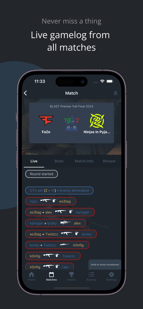 Interface de l'application HLTV affichant un journal de jeu de match Counter-Strike en temps réel avec les éliminations des joueurs et les scores des équipes