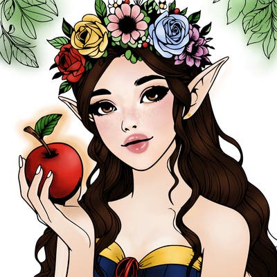 a realistic elf girl and a flower crown and with a magical fruit in her hand