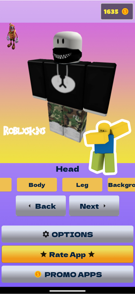 Skins Maker Roblox - Interfaccia dell'app Roblox skin maker che mostra un editor di personaggi personalizzato con opzioni per corpo, gambe e accessori