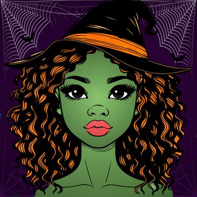 realistic black girl with wavy hair and witch hat and nose and lips