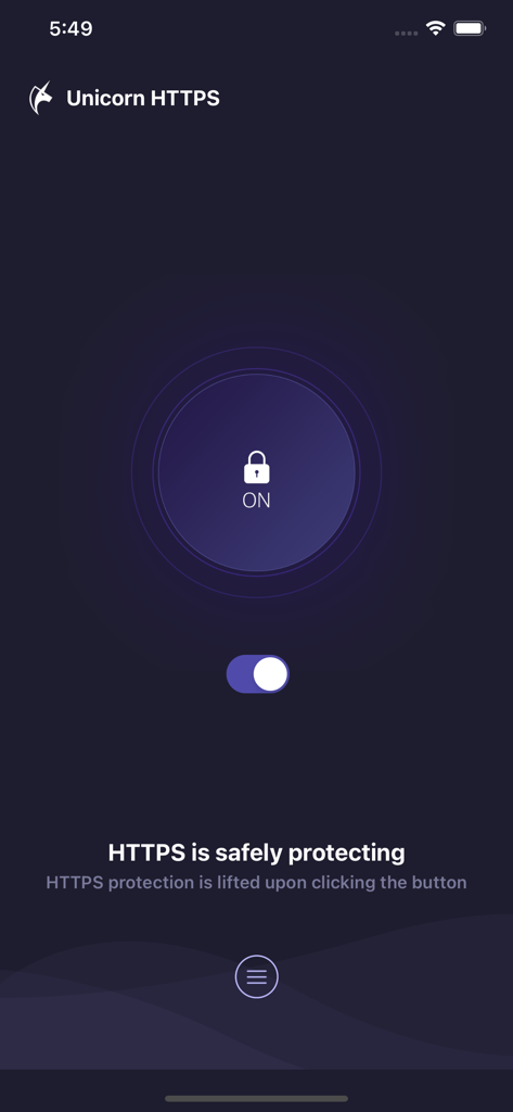 Unicorn HTTPS - Interfaccia dell'app Unicorn HTTPS che mostra lo stato di protezione attivo con un interruttore e un'icona di lucchetto.