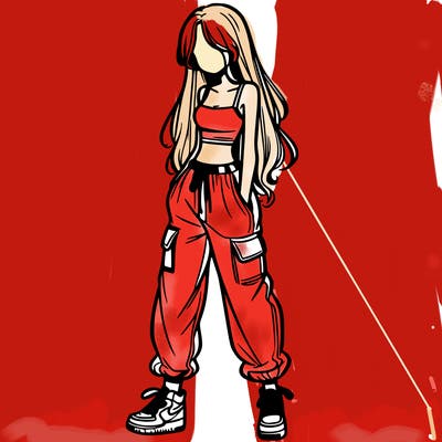 girl in baggy pants crop top and long hair