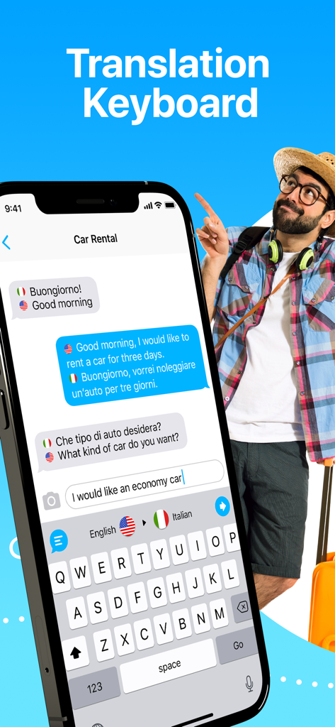Dialog - Translate Speech - Dialog-App-Übersetzungstastatur, die eine Echtzeit-Nachrichtenübersetzung zwischen Englisch und Italienisch für einen Reisenden zeigt.