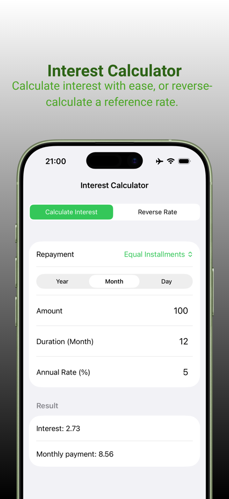 MyRate - Exchange Rates - Interest calculator screen of the MyRate app showing loan or savings calculations