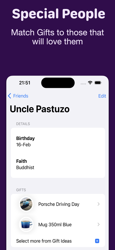 Gifting Planner - Uma tela de aplicativo móvel mostrando o perfil de um contato com detalhes pessoais como aniversário e fé, juntamente com ideias de presentes específicas correspondentes.
